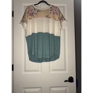 7th Ray Short Sleeve Color block Floral Tunic Top  Xl Green White Peach Nwt 34
